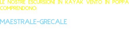LE NOSTRE ESCURSIONI IN KAYAK VENTO IN POPPA COMPRENDONO:         

MAESTRALE-GRECALE (Pagaiata, panino, bibita, caffè, ingresso giornata di mare)